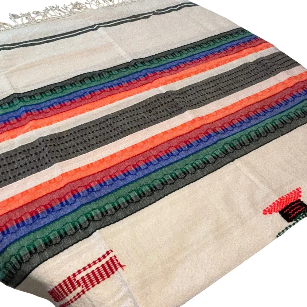 Handwoven Ethiopian Gabi Blanket Cotton Netela Wrap Striped Fringed Cream 60x96
